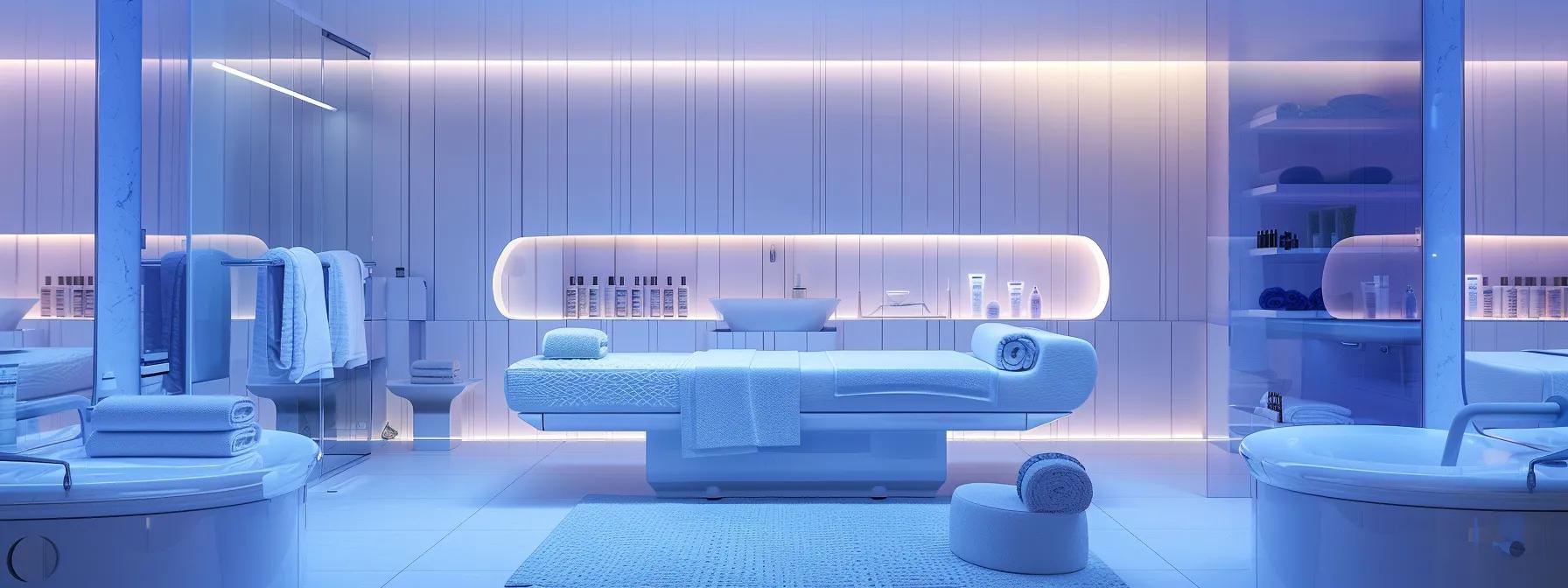 a modern and sophisticated spa room is illuminated by soft, ambient lighting, showcasing a luxurious treatment bed adorned with plush towels and an array of elegantly arranged skincare products, ready for a variety of rejuvenating facial treatments. a modern and sophisticated spa room is illuminated by soft, ambient lighting, showcasing a luxurious treatment bed adorned with plush towels and an array of elegantly arranged skincare products, ready for a variety of rejuvenating facial treatments.