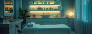 a serene spa treatment room features a plush treatment bed adorned with white linens, soft ambient lighting casting a calming glow, and elegant shelves displaying an array of luxurious skincare products, embodying the essence of rejuvenation and self-care in an upscale setting.