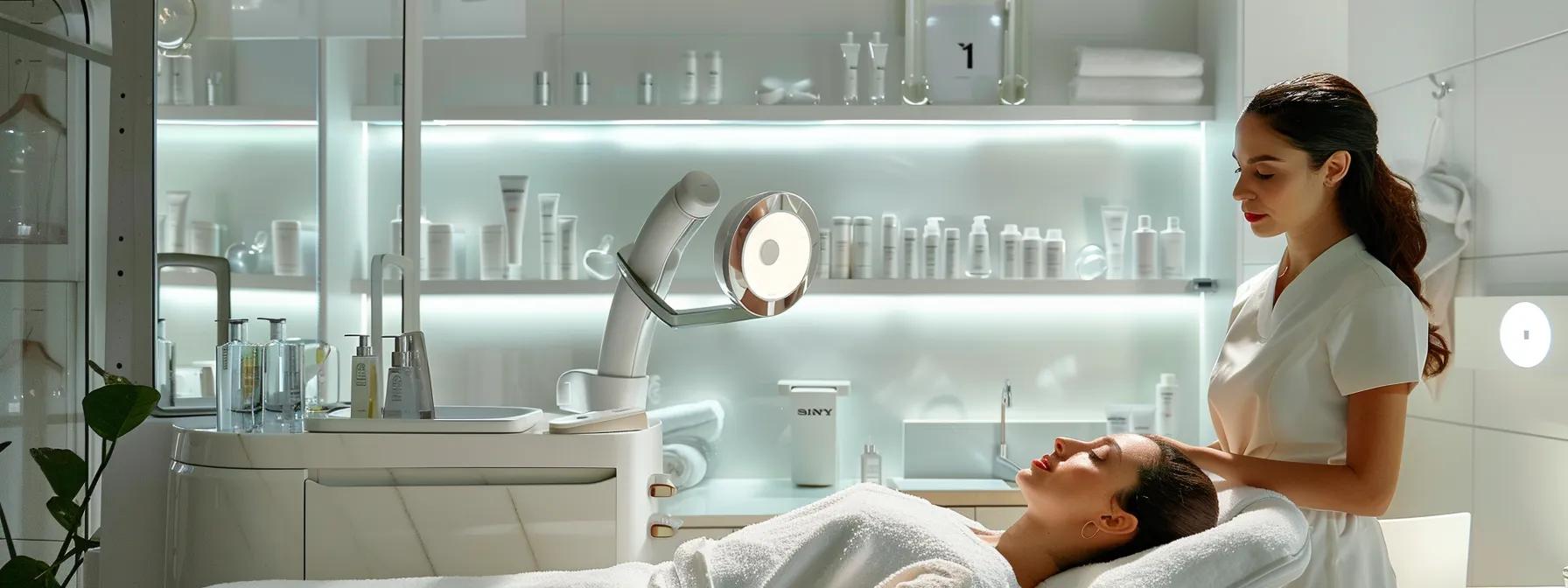 a serene, well-lit treatment room featuring a comfortable facial bed, premium skincare products neatly arranged on a sleek counter, and a professional esthetician preparing for a personalized facial treatment. a serene, well-lit treatment room featuring a comfortable facial bed, premium skincare products neatly arranged on a sleek counter, and a professional esthetician preparing for a personalized facial treatment.