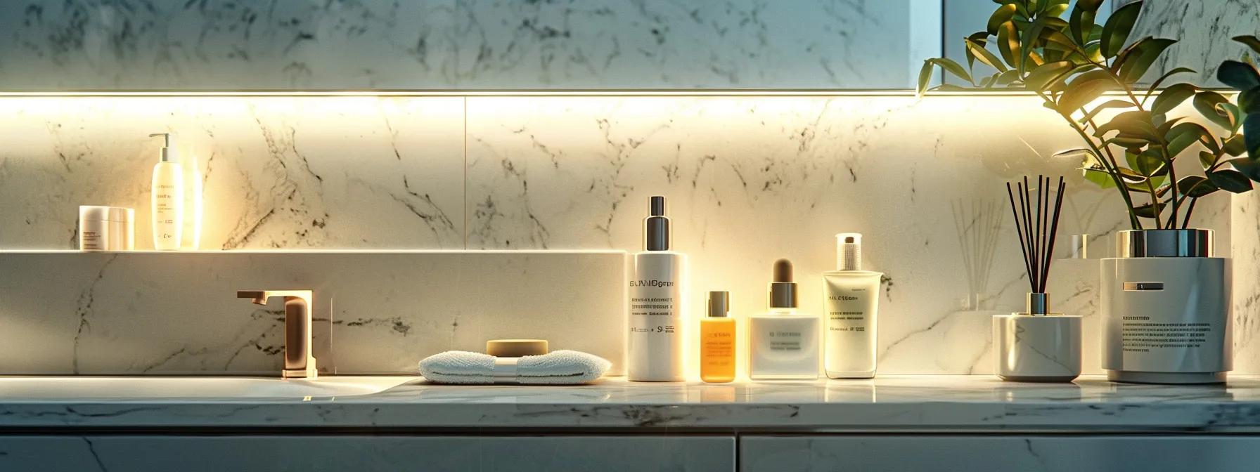 a sleek, modern bathroom lit with soft, warm light showcases a neatly arranged array of skincare products on a marble countertop, emphasizing the importance of a consistent and adaptable skincare routine for long-term skin health. a sleek, modern bathroom lit with soft, warm light showcases a neatly arranged array of skincare products on a marble countertop, emphasizing the importance of a consistent and adaptable skincare routine for long-term skin health.
