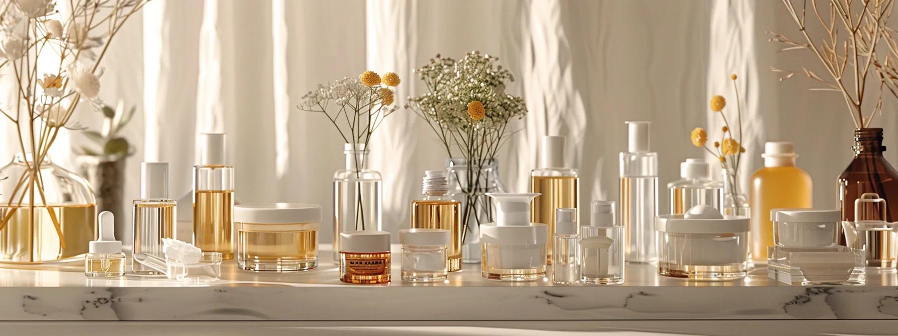 a sleek, modern skincare laboratory setting showcases a variety of elegant glass containers filled with natural ingredients like chamomile, coconut oil, and witch hazel, emphasizing a sophisticated approach to personalized skincare solutions for different skin concerns. a sleek, modern skincare laboratory setting showcases a variety of elegant glass containers filled with natural ingredients like chamomile, coconut oil, and witch hazel, emphasizing a sophisticated approach to personalized skincare solutions for different skin concerns.