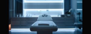 a sleek, modern spa treatment room featuring a minimalistic aesthetic, with a luxurious facial treatment bed illuminated by soft, ambient lighting, and calming decor that evokes a serene atmosphere.