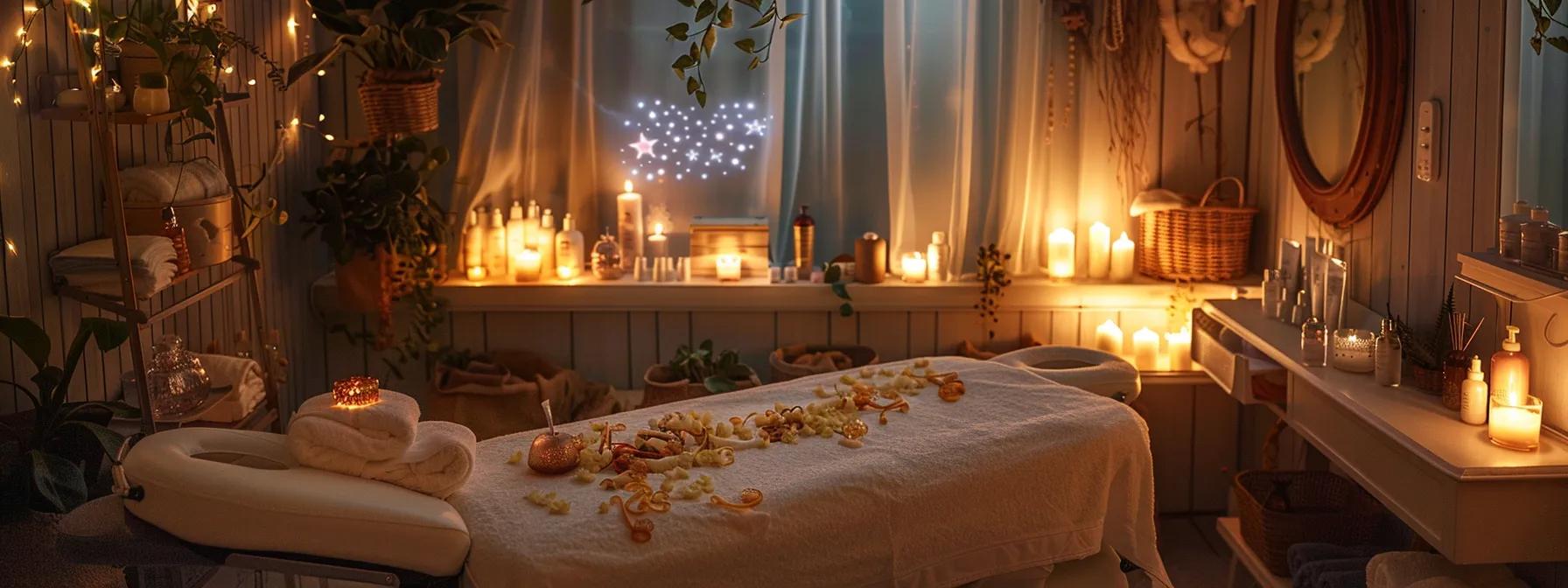 an elegant spa treatment room with a plush facial bed, softly glowing candles, and a neatly arranged array of skincare products, inviting clients to fully immerse in their facial experience for optimal results. an elegant spa treatment room with a plush facial bed, softly glowing candles, and a neatly arranged array of skincare products, inviting clients to fully immerse in their facial experience for optimal results.