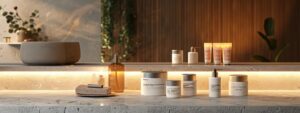 a sleek, modern skincare product display is elegantly arranged on a polished marble countertop in a sophisticated bathroom, illuminated by soft, warm lighting that enhances the luxurious textures of the packaging.