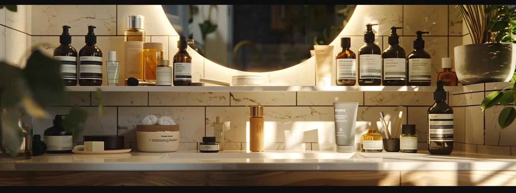 a sleek urban bathroom setting features a pristine mirror with an array of high-end skincare products artfully displayed, highlighting a morning skincare routine complete with a gentle cleanser, a vibrant vitamin c serum, hydrating moisturizer, and sunscreen, all bathed in soft, warm lighting that emphasizes the notion of daily self-care and skin protection. a sleek urban bathroom setting features a pristine mirror with an array of high-end skincare products artfully displayed, highlighting a morning skincare routine complete with a gentle cleanser, a vibrant vitamin c serum, hydrating moisturizer, and sunscreen, all bathed in soft, warm lighting that emphasizes the notion of daily self-care and skin protection.