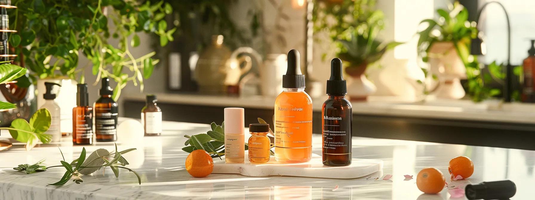 a vibrant and elegant skincare workspace featuring an array of high-quality natural ingredients, such as vitamin c, hyaluronic acid, and plant extracts, artfully arranged beside sleek, sophisticated skincare products on a polished countertop under warm, inviting lighting. a vibrant and elegant skincare workspace featuring an array of high-quality natural ingredients, such as vitamin c, hyaluronic acid, and plant extracts, artfully arranged beside sleek, sophisticated skincare products on a polished countertop under warm, inviting lighting.