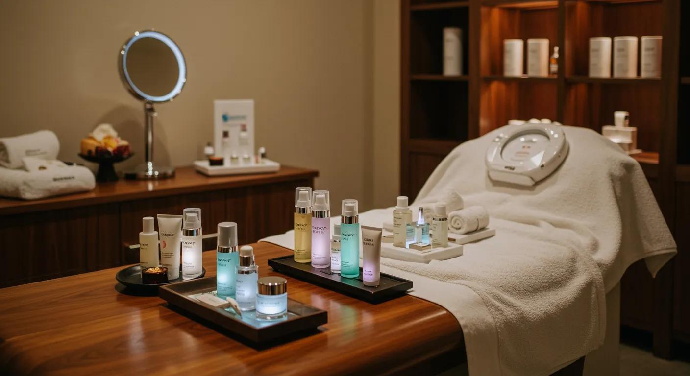 an elegant spa room featuring a luxurious facial treatment setup, with glowing skincare products displayed on a polished wooden table, soft ambient lighting, and a serene atmosphere to emphasize the sophistication and effectiveness of advanced skincare methods. an elegant spa room featuring a luxurious facial treatment setup, with glowing skincare products displayed on a polished wooden table, soft ambient lighting, and a serene atmosphere to emphasize the sophistication and effectiveness of advanced skincare methods.