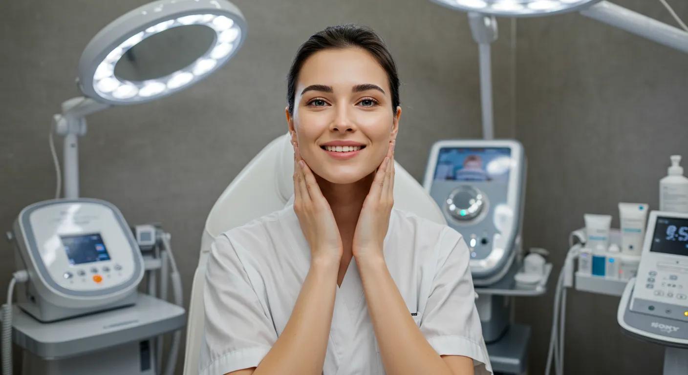 a radiant woman with glowing skin sits confidently in a sleek, modern skincare clinic, surrounded by upscale facial treatment equipment, embodying the transformative effects of advanced skincare treatments. a radiant woman with glowing skin sits confidently in a sleek, modern skincare clinic, surrounded by upscale facial treatment equipment, embodying the transformative effects of advanced skincare treatments.