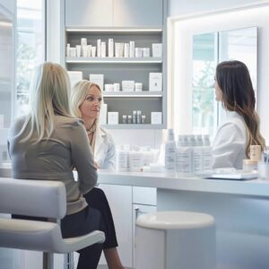 Skincare consultation in a professional clinic setting focused on acne solutions