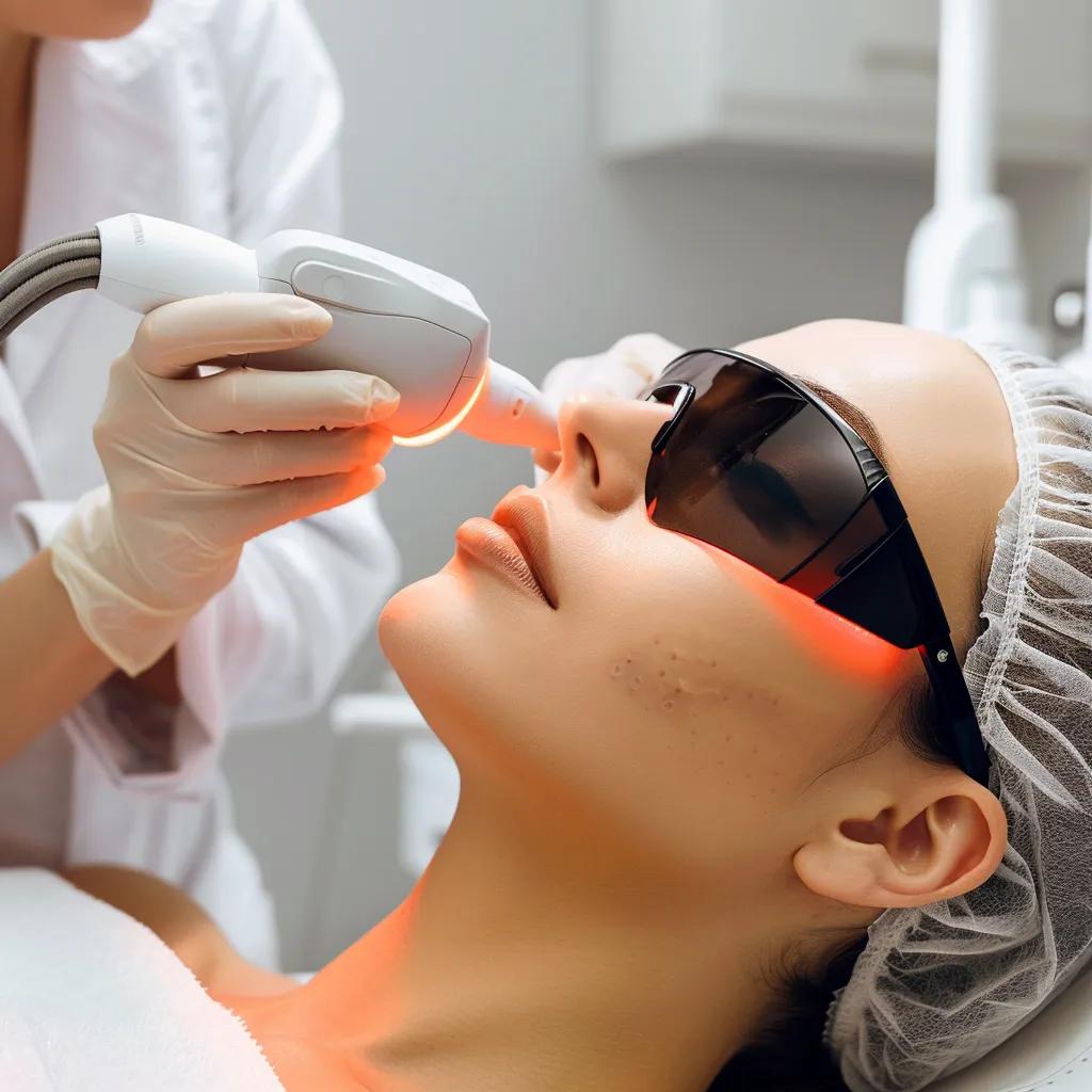 Laser acne treatment being performed by a skincare professional in a modern clinic